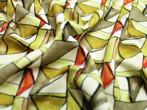 Dzianina wiskozowa wzor geometryczny romby zielono rude