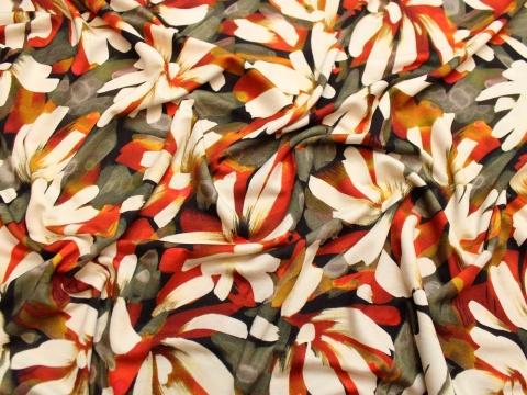 Dzianina wiskozowa wzor liście mazy pomarańczowe khaki oliwkaDzianina wiskozowa wzor liście mazy pomarańczowe khaki oliwka