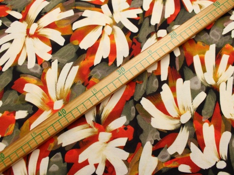 Dzianina wiskozowa wzor liście mazy pomarańczowe khaki oliwka