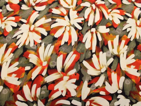 Dzianina wiskozowa wzor liście mazy pomarańczowe khaki oliwka