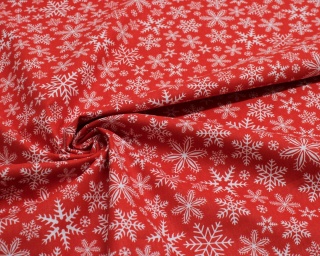 Tkanina bawełniana świąteczna białe śnieżynki na czerwonym