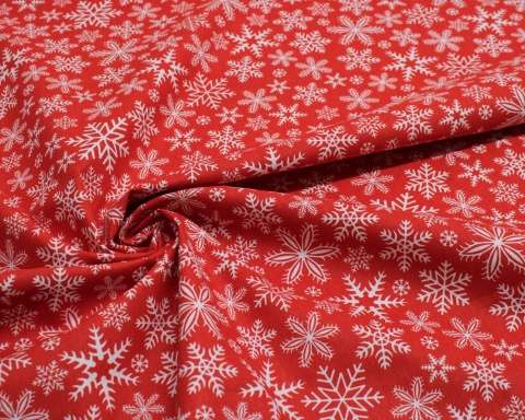 Tkanina bawełniana świąteczna białe śnieżynki na czerwonym