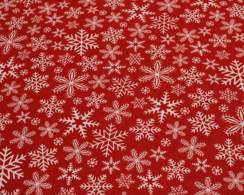 Tkanina bawełniana świąteczna białe śnieżynki na czerwonym