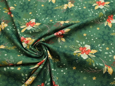Tkanina bawełniana świąteczna ostrokrzew na zieleni