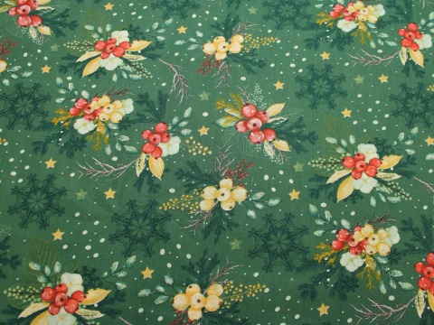 Tkanina bawełniana świąteczna ostrokrzew na zieleni