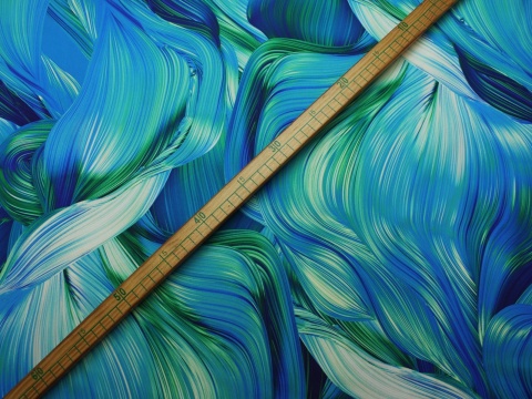 Tkanina jedwabna satyna armani wzór fale niebiesko zielona