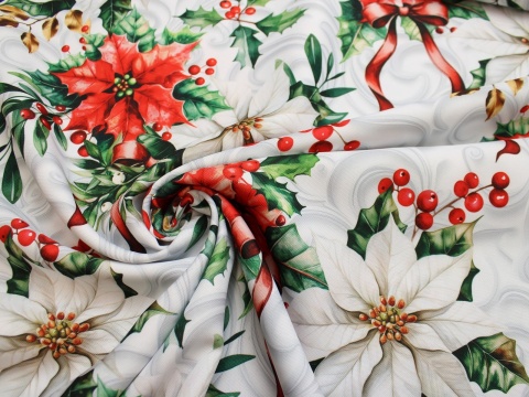 Tkanina obrusowa plamoodporna świąteczna kolorowe gwiazdy betlejemskie na białym