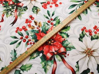 Tkanina obrusowa plamoodporna świąteczna kolorowe gwiazdy betlejemskie na białym