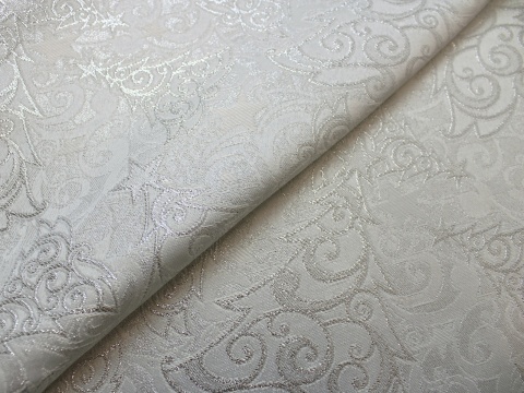 Tkanina obrusowa świąteczna plamoodporna srebrno biała choinki