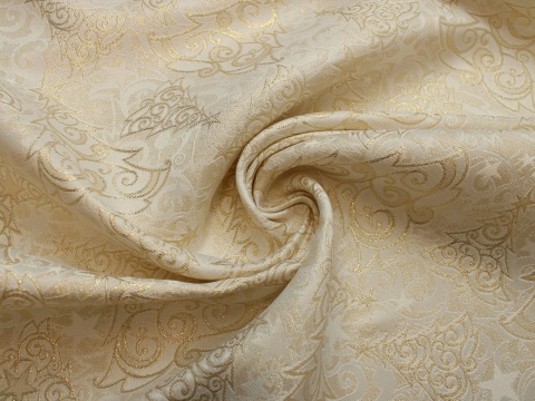 Tkanina obrusowa świąteczna plamoodporna złoto kremowa choinki