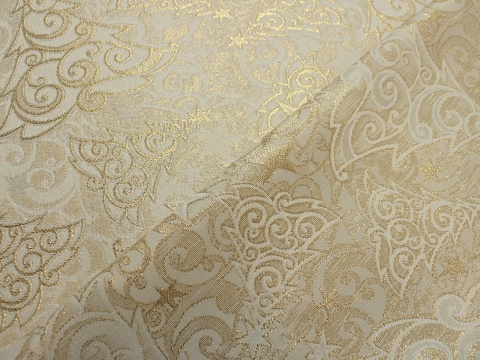 Tkanina obrusowa świąteczna plamoodporna złoto kremowa choinki