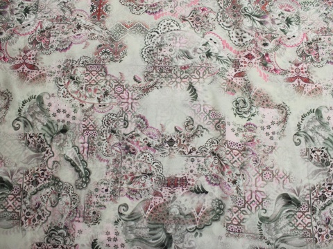 krepa jedwabna wzór ornament różowy na szarym tle jedwab naturalny 100%