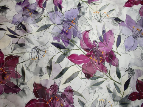 satyna jedwabna wzór kwiaty fiolet amarant 100% jedwab naturalny