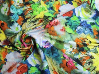 JEDWAB NATURALNY WZÓR KWIATY MALOWANE ŻÓŁTE