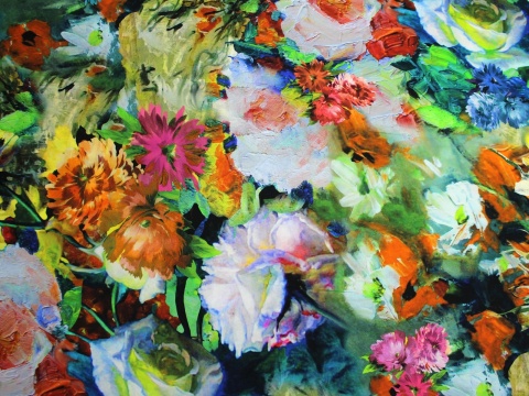 satyna jedwabna wzór kwiaty malowane żółte 100% jedwab naturalny