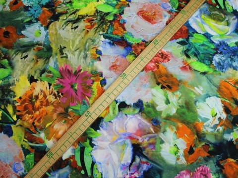 satyna jedwabna wzór kwiaty malowane żółte 100% jedwab naturalny