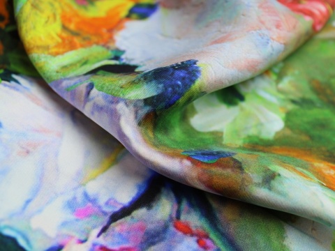 satyna jedwabna wzór kwiaty malowane żółte 100% jedwab naturalny