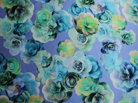 satyna jedwabna wzór kwiaty niebieskie turkus jedwab naturalny 100%