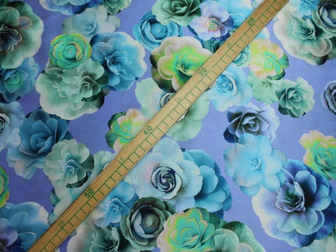 satyna jedwabna wzór kwiaty niebieskie turkus jedwab naturalny 100%