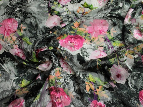 szyfon jedwabny devore wzór kwiaty czarno różowe