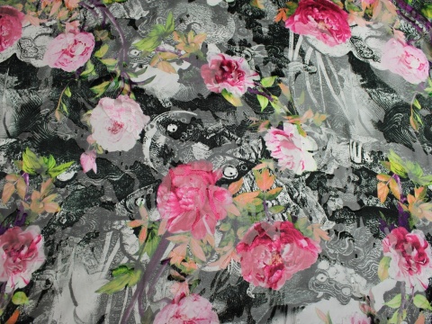 szyfon jedwabny devore wzór kwiaty czarno różowe
