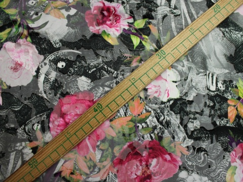 szyfon jedwabny devore wzór kwiaty czarno różowe