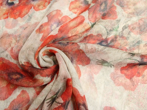 szyfon jedwabny kreszowany wzór maki czerwone jedwab naturalny 100%