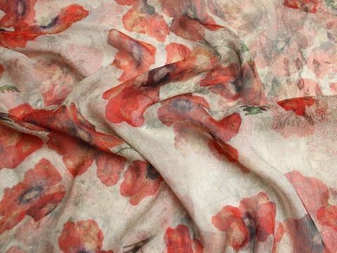 szyfon jedwabny kreszowany wzór maki czerwone jedwab naturalny 100%