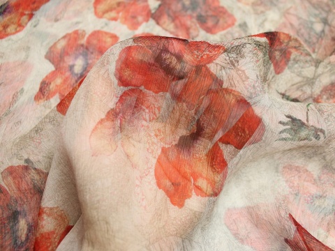 szyfon jedwabny kreszowany wzór maki czerwone jedwab naturalny 100%szyfon jedwabny kreszowany wzór maki czerwone jedwab naturalny 100%