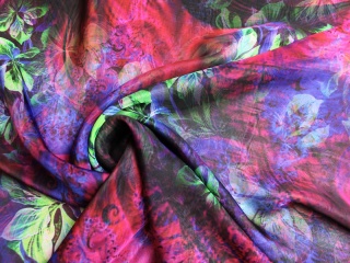 SZYFON JEDWABNY WZÓR KWIATY FIOLET LIMONKA