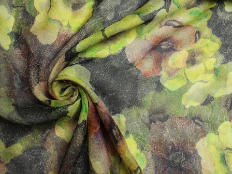 szyfon jedwabny wzór kwiaty zielono brązowe jedwab naturalny 100%