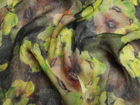 szyfon jedwabny wzór kwiaty zielono brązowe jedwab naturalny 100%