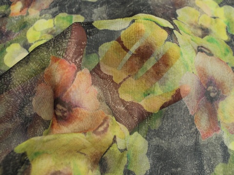 szyfon jedwabny wzór kwiaty zielono brązowe jedwab naturalny 100%