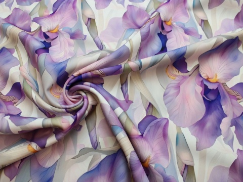 tkanina barbie kwiaty fioletowe mieczyki na jasnym tle