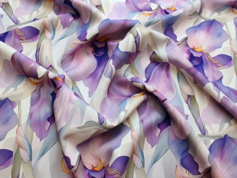 tkanina barbie kwiaty fioletowe mieczyki na jasnym tle