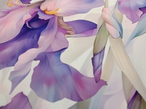 tkanina barbie kwiaty fioletowe mieczyki na jasnym tle