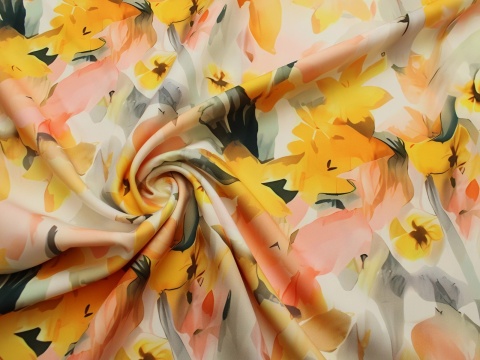 tkanina barbie kwiaty żółto-pomarańczowe na jasnym tle
