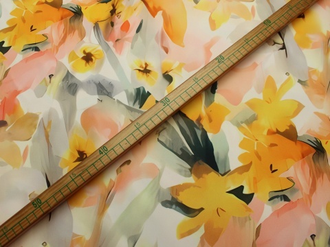 tkanina barbie kwiaty żółto-pomarańczowe na jasnym tle