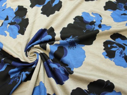 Dzianina sukienkowa wzór kwiaty niebieskie na szarym